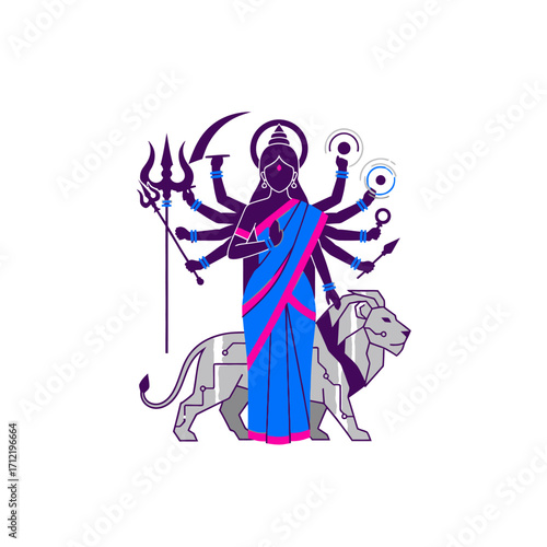 Illustration of Hindu Goddess Durga standing on a lion with multiple arms.