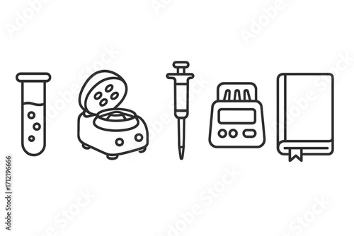 Science lab equipment line icons. Vector set with test tube, centrifuge, micropipette, PCR thermal cycler, and protocol book for medical research and biotechnology analysis.