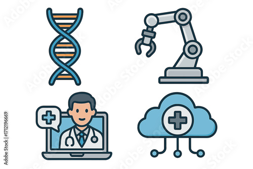 Medical technology icon set. DNA for genetic research, robotic arm for surgery automation, telehealth online doctor consultation, and medical cloud data storage. Health tech concepts.