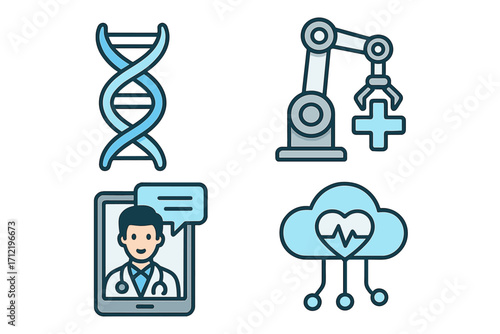 Medical technology icon set. DNA for genetics, robotic surgery arm, telehealth for online doctor consultation, and cloud computing for health data. Vector illustration pack.