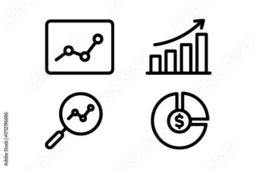 Data analytics icon set. Business intelligence infographic. Vector line art of chart, graph for financial analysis, market research report. Investment growth, statistics symbols.