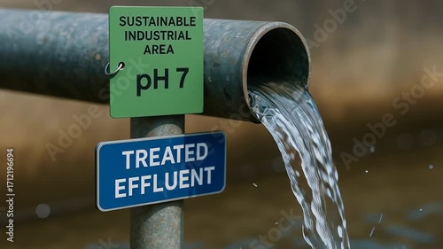 Sustainable industrial area treated effluent water flowing from pipe maintaining pH 7 for environmental safety ecological balance and industrial