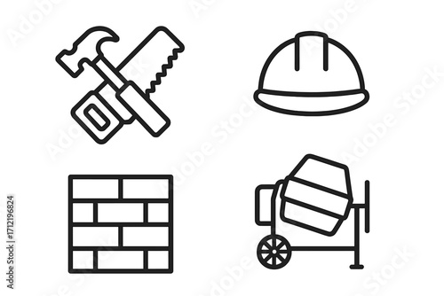 Construction icon set, building and repair concept. Vector line art of tools, hammer, saw, safety hard hat, brick wall, and concrete mixer. Industrial graphic elements.