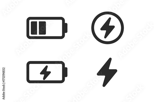 Minimalist battery and energy icon set for user interface design. Vector symbols for power, charging status, and electricity. Flat pictogram collection with battery level and lightning bolt.