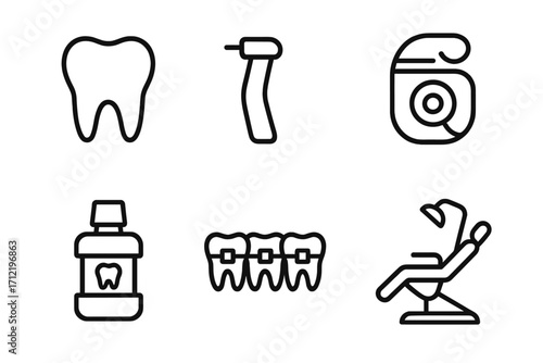 Dental line icon set. Stomatology and orthodontics graphic elements. Vector symbols of tooth, dental drill, floss, mouthwash, braces, dentist chair for web design.