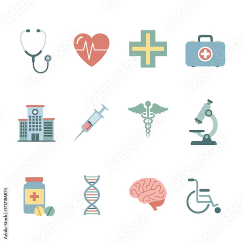 Medical Icons Set - Stethoscope, Heart, Cross, First Aid Kit, Hospital, Syringe, Caduceus, Microscope, Pills, DNA, Brain, Wheelchair.