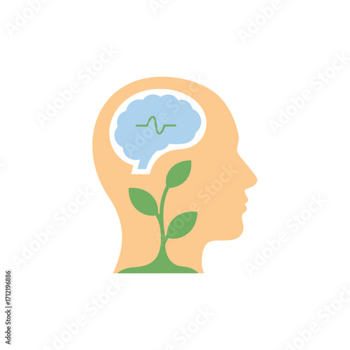 Mental Growth and Development - A Head with Brain and Plant.