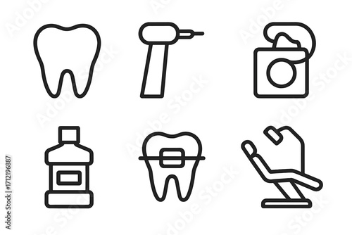 Dental care line icon set. Dentistry and oral hygiene symbols. Minimalist vector graphics of tooth, drill, floss, mouthwash, braces, and dentist chair for medical design.