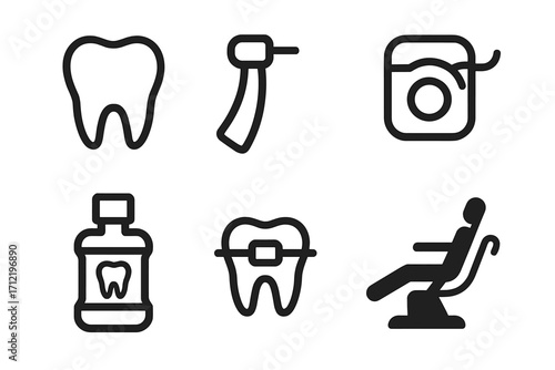 Minimalist dental icons set. Simple line art collection for stomatology and oral healthcare. Includes tooth, dentist drill, floss, mouthwash, braces, and examination chair. Vector.