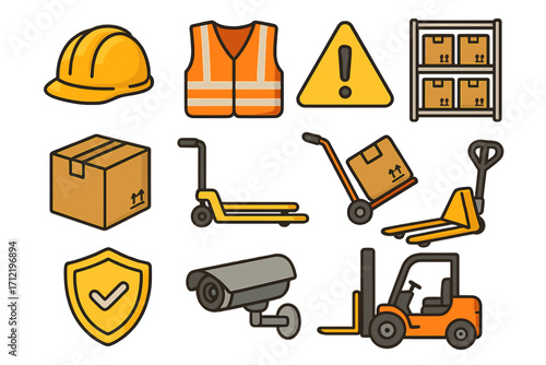 Warehouse and logistics icon set. Vector cartoon illustration of forklift, pallet jack, cargo box, and safety equipment. Industrial shipping and delivery symbols.