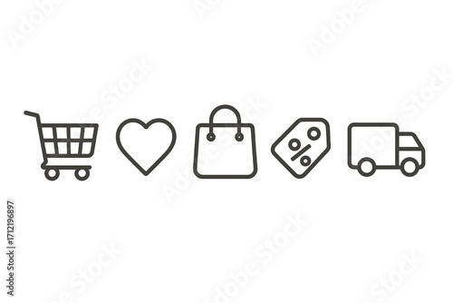 E-commerce icons for online shopping. Minimalist line art symbols: shopping cart, favorite heart, bag, discount percent tag, and delivery truck for website and app UI/UX.