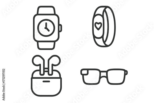 Wearable technology device line icon set. Smart watch, fitness tracker, earbuds, smart glasses. Vector icons of modern gadgets for health and communication. Minimalist outline.
