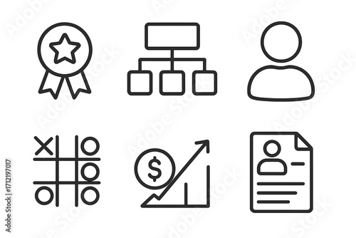 Business management minimalist line icons. Vector outline symbols for corporate strategy, financial growth, HR document, user profile, quality award and organization chart.