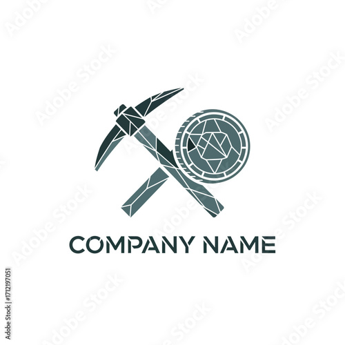 Mining Company Logo with Pickaxe and Diamond Coin Design.