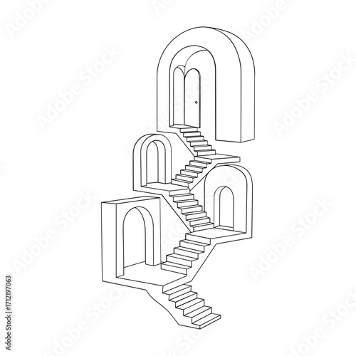 Black and white line art of an abstract architectural structure with stairs and arched doorways architecture