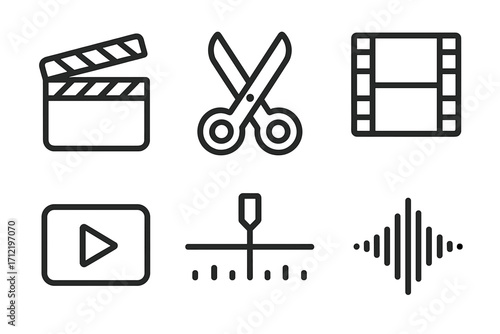 Video editing icon set. Minimalist linear icons for filmmaking and post-production. Includes clapperboard, scissors for cuts, filmstrip, play button, timeline and audio wave.