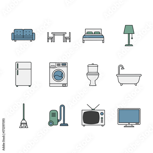 Collection of flat design icons representing household furniture and appliances vector