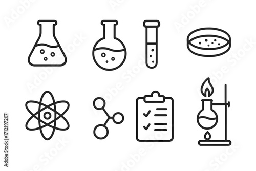 Minimalist line art science icon set. Vector chemistry and biology laboratory equipment symbols. Flask, atom, molecule, test tube, petri dish and bunsen burner illustration.