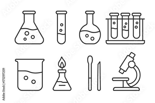 Science icons set. Chemistry lab equipment in linear design. Vector cartoon illustration. Laboratory tools like microscope, test tube, beaker, and flask. Simple outline pictograms.