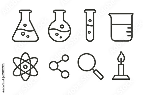 Science and chemistry research icon set. Minimalist line art vector illustration of laboratory equipment like flask, beaker, test tube, atom, molecule, and Bunsen burner.