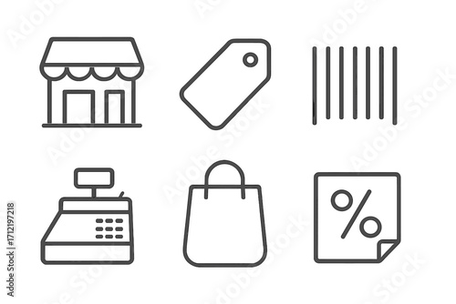 Shopping icons set. Minimalist line art for retail, e-commerce. Storefront, price tag, barcode, cash register, shopping bag, sale discount percentage symbol. Vector.