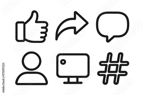 Social media icons set. Minimalist line art like, share, comment, user profile, live video and hashtag. Modern vector illustration for web, app interface and UI UX kit.