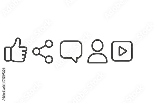 Social media interface icon set. Minimalist vector pack with like, share, comment, user profile, and video play button. Outline symbols for web, app, and UI design.