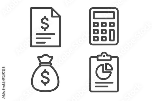 Minimalist finance and tax icon set. Vector line art for accounting and business. Includes calculator, money bag, invoice, and financial report chart for infographics.
