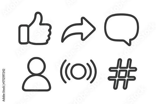 Social media icons set. Minimalist vector line art collection for web and app UI. Includes like, share, comment, user profile, live stream, and hashtag symbols for engagement.