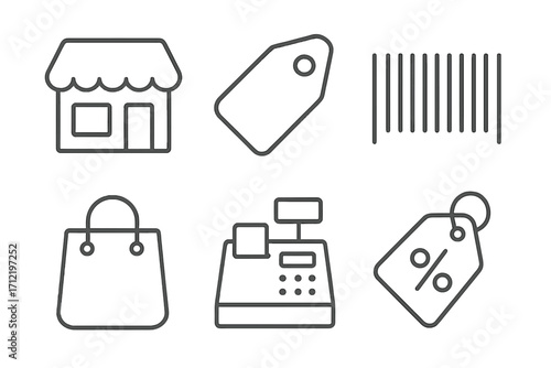 Shopping and retail line icon set. Vector collection of minimalist symbols for e-commerce and business. Includes storefront, price tag, barcode, cash register, bag, sale.