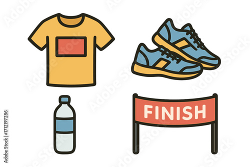 Marathon running race icon set. Sport competition symbols. Fitness run gear. T-shirt, sneakers, water bottle, finish line. Vector cartoon isolated illustration elements.