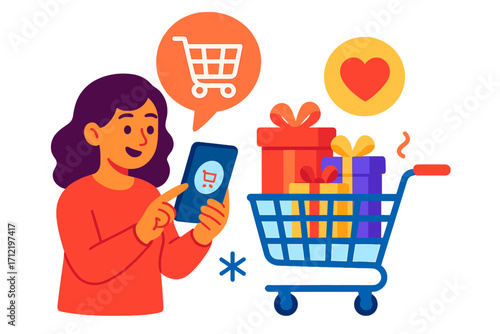 Online shopping for gifts with mobile device. Woman using phone app for e-commerce purchase. Customer with cart of presents. Vector concept for digital retail and holiday orders.
