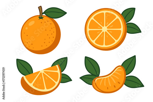Orange fruit vector illustration set. Collection of whole orange, slice, wedge, and segment with leaves. Fresh juicy citrus in a flat cartoon style. Healthy food concept icon.
