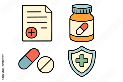Medical icon set for pharmacy and healthcare. Vector concepts like prescription, medicine bottle, pills, and health insurance shield. Cartoon illustration for clinic or hospital.