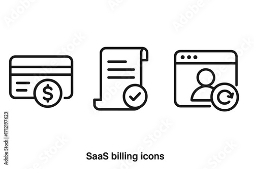 SaaS billing icons set in linear style. Symbols for payment, invoice, and subscription management. Vector graphic for web finance, recurring payments, and user account renewal.
