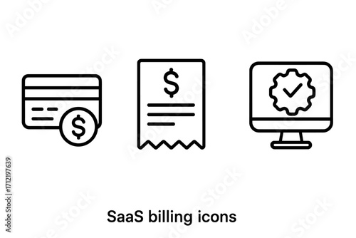 SaaS billing vector icons with linear style. Payment, invoice, and subscription management symbols. Credit card, receipt, and system configuration signs for business and finance.