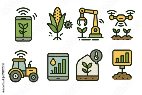 Smart farming icon set. Agriculture technology. Agritech concept for innovation in cultivation. Automation, drone, robot, sensor, tractor. Internet of things, iot in farm.