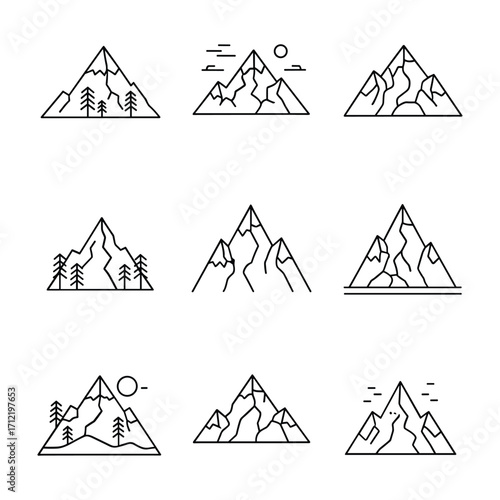 Set of nine minimalist line art mountain icons with trees sun and clouds collection nature