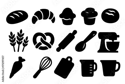 Bakery and baking essentials icon set. Collection of silhouette vector illustrations of bread, croissant, muffin, pretzel. Kitchen equipment like mixer, whisk, rolling pin.