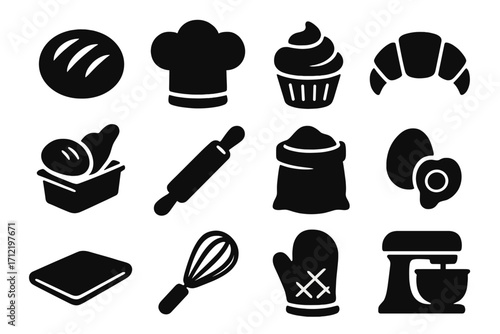 Bakery and baking essentials icon set. Vector glyph silhouettes of kitchen tools and food ingredients. Bread, cupcake, croissant, eggs, flour, mixer, and chef hat symbols.