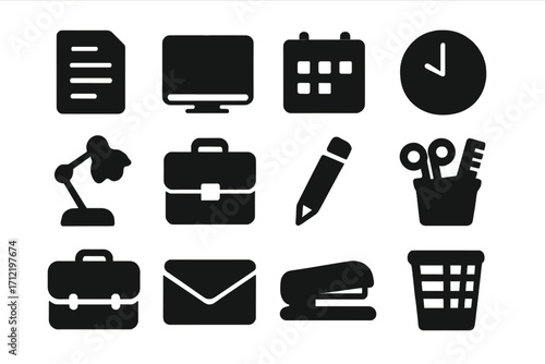 Office and business icon set in a minimalist glyph style. Productivity symbols for web and app user interface. Vector silhouette collection includes calendar, computer, and work items.