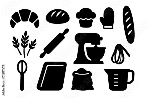 Baking icons silhouette set. Bakery essentials vector collection. Kitchen tools for cooking pastry, bread, cake. Croissant, flour, mixer, rolling pin, whisk icons.