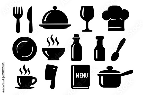 Restaurant and kitchen icon set. Silhouette collection of culinary essentials for food and dining. Vector graphic symbols for cooking, chef, menu, cutlery, plate, and pot.