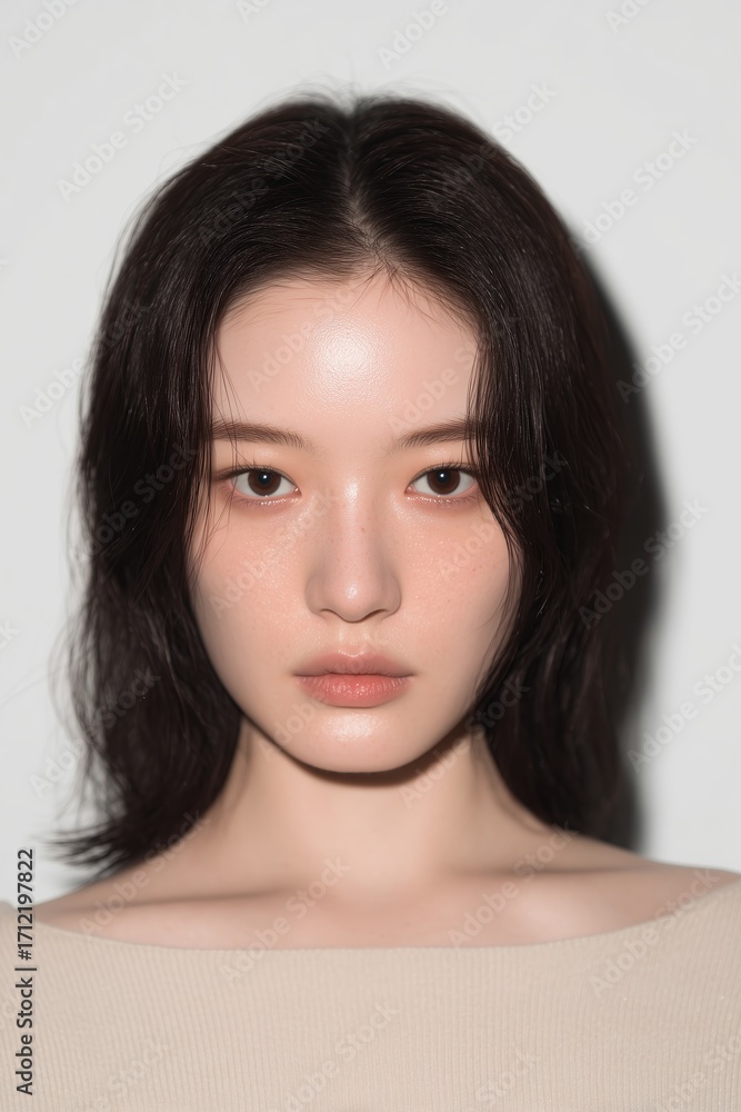 Fototapeta premium Captivating young woman's portrait with flawless skin and thoughtful gaze, perfect for beauty and lifestyle.