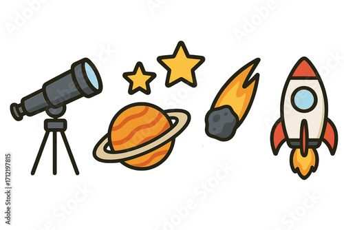 Space icons set. Cartoon vector illustration of telescope, planet, stars, meteor, rocket. Astronomy, cosmos exploration, and science concept. Flat design graphic elements.