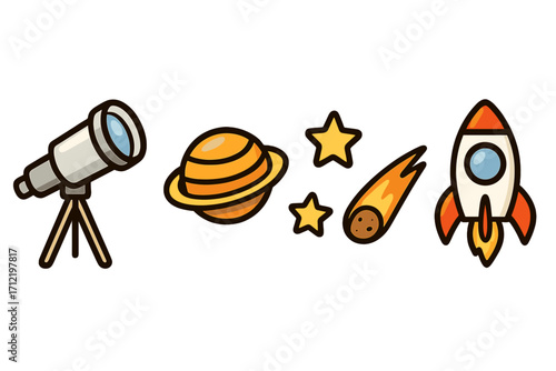 Space icon set. Astronomy discovery with telescope, planet, stars, meteor, rocket. Vector cartoon clipart collection for cosmic exploration. Galaxy science and astrology graphics.