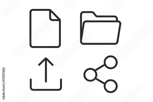 Minimalist icon set for file management and data sharing. Simple line art icons for document, folder, upload, and share functions. UI UX vector elements for web and app design.