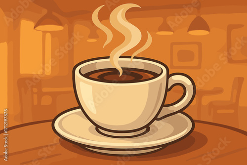 Steaming coffee cup on a saucer with aromatic vapor. Hot espresso or tea in a cozy cafe setting. Vector cartoon illustration for coffee shop logo, menu or morning break concept.