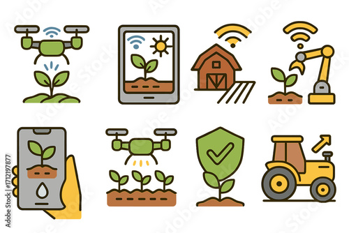 Smart farming icon set. Agriculture technology and innovation. Concepts of automation, drones, robotics, and crop monitoring. Vector cartoon illustration for agritech business.