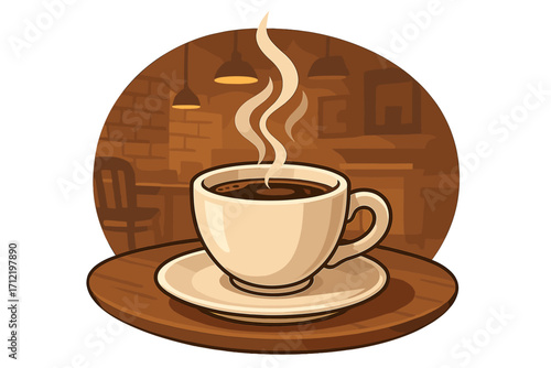 Hot coffee cup vector icon. Steaming mug in a cozy cafe. Espresso morning drink. Fresh aroma concept. Coffee shop logo illustration. Beverage symbol. Warm restaurant background.